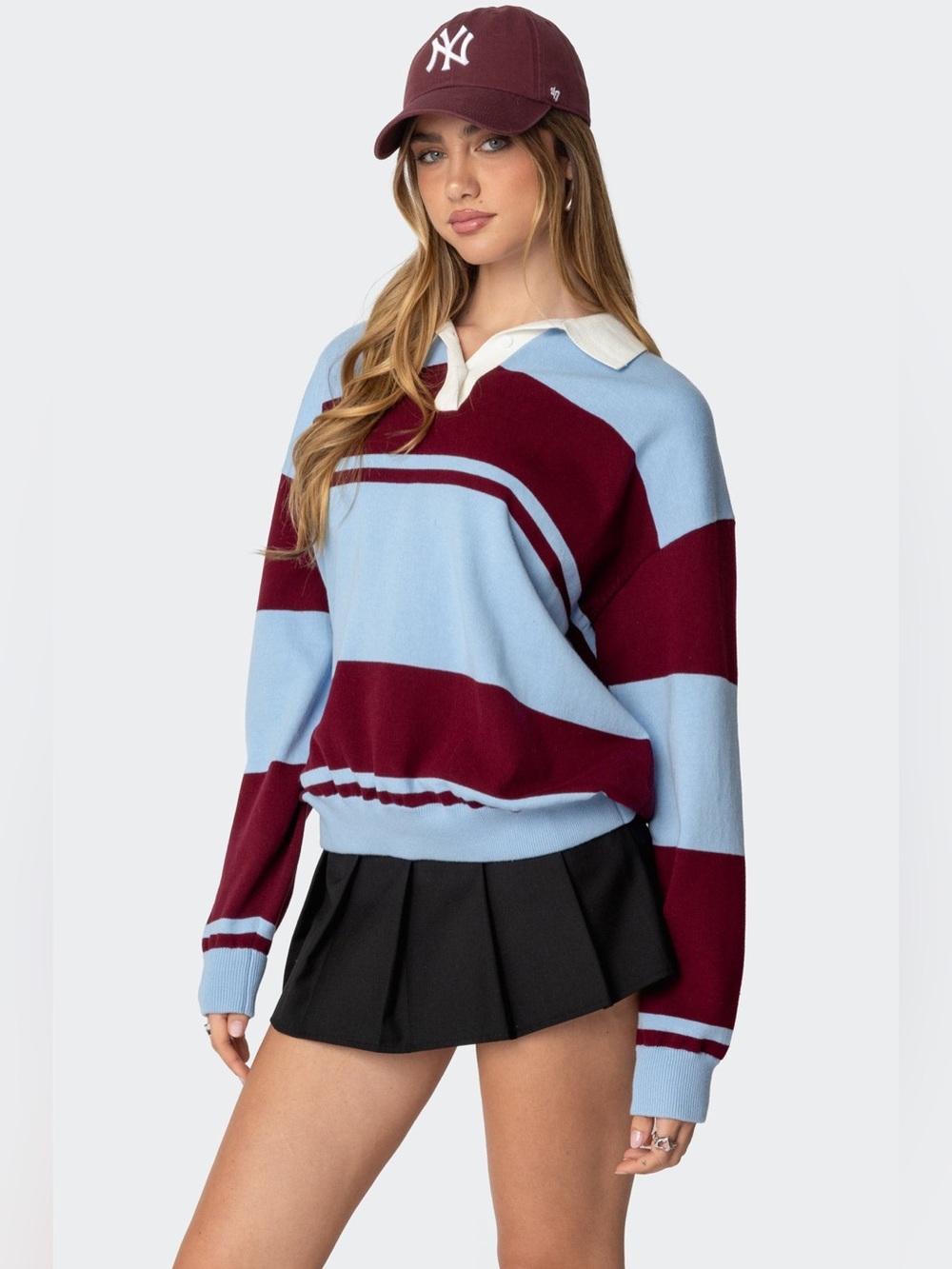 Edikted Kian Striped Polo Sweater Blue Burgundy Size M NWOT - Picture 3 of 8
